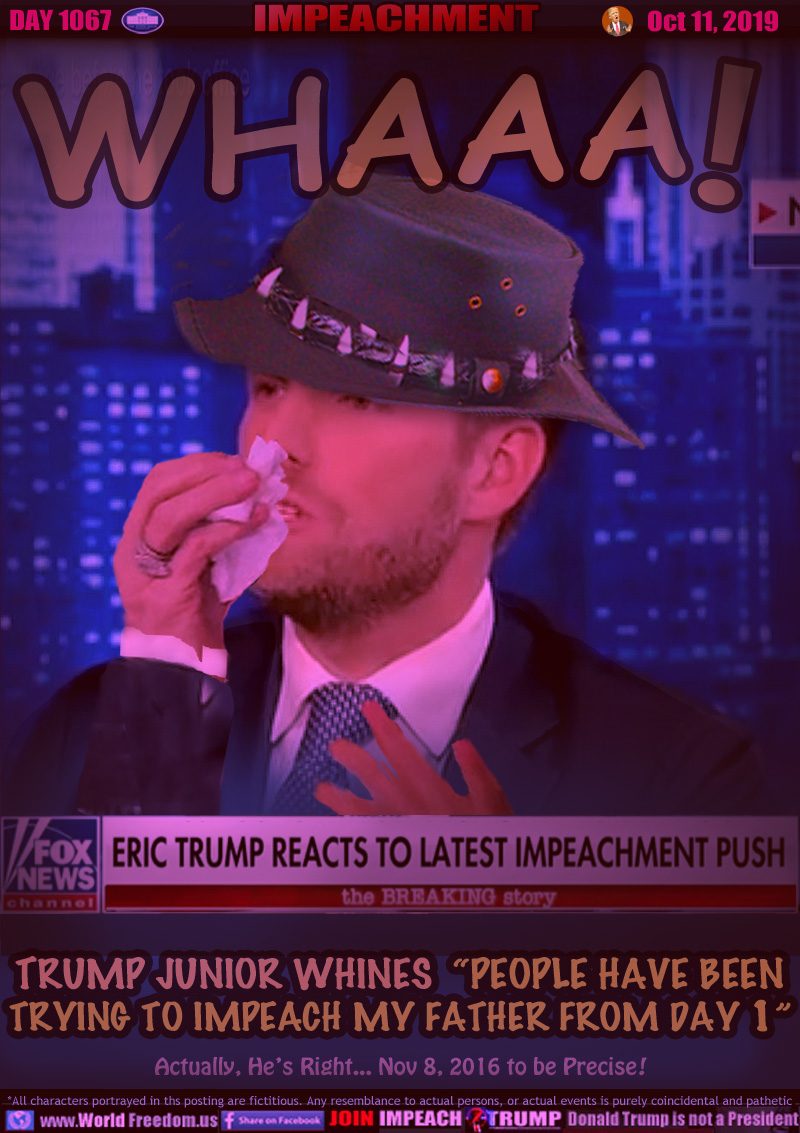 WHAAA TRUMP JUNIOR WHINES  “PEOPLE HAVE BEEN  
TRYING TO IMPEACH MY FATHER FROM DAY 1”  

ERIC TRUMP REACTS TO LATEST IMPEACHMENT PUSH

Actually, He’s Right... Nov 8, 2016 to be Precise !