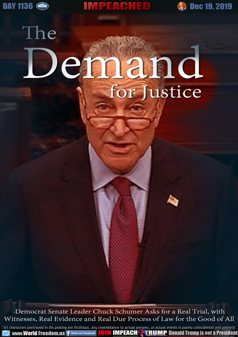 The Demand for Justice

Democrat Senate Leader Chuck Schumer Asks for a Real Trial, with
Witnesses, Real Evidence and Real Due Process of Law for the Good of All