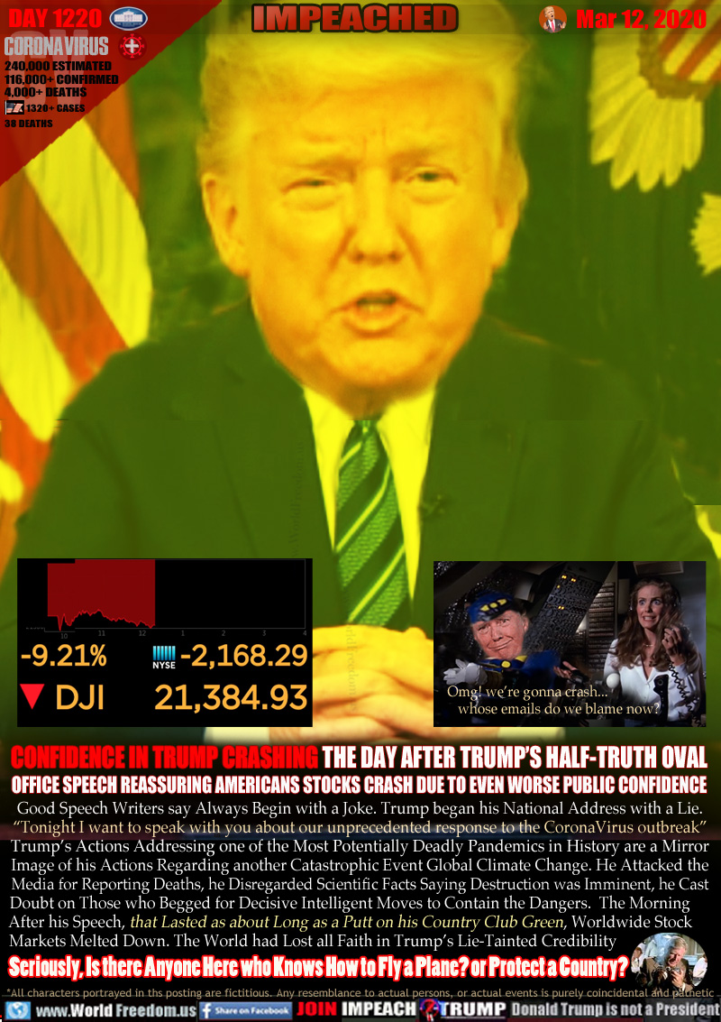 CONFIDENCE IN TRUMP CRASHING THE DAY AFTER TRUMP’S HALF-TRUTH OVAL
OFFICE SPEECH REASSURING AMERICANS STOCKS CRASH DUE TO EVEN WORSE PUBLIC CONFIDENCE

MOVIE AIRPLANE SCENE Elaine 
