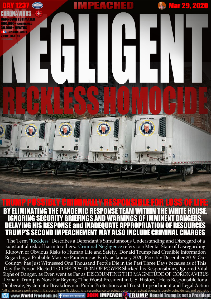 NEGLIGENT RECKLESS HOMICIDE

TRUMP POSSIBLY CRIMINALLY RESPONSIBLE FOR LOSS OF LIFE: 
BY ELIMINATING THE PANDEMIC RESPONSE TEAM WITHIN THE WHITE HOUSE,
IGNORING SECURITY BRIEFINGS AND WARNINGS OF IMMINENT DANGERS,
DELAYING HIS RESPONSE and INADEQUATE APPROPRIATION OF RESOURCES
TRUMP’S SECOND IMPEACHMENT MAY ALSO INCLUDE CRIMINAL CHARGES

 The Term 