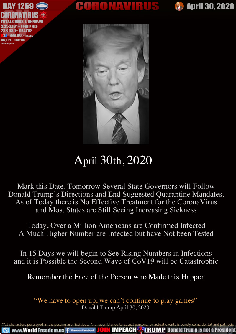 April 30th, 2020 Mark this Date

Mark this Date. Tomorrow Several State Governors will Follow
Donald Trump’s Directions and End Suggested Quarantine Mandates.
As of Today there is No Effective Treatment for the CoronaVirus
and Most States are Still Seeing Increasing Sickness

Today, Over a Million Americans are Confirmed Infected
A Much Higher Number are Infected but have Not been Tested


In 15 Days we will begin to See Rising Numbers in Infections
and it is Possible the Second Wave of CoV19 will be Catastrophic

Remember the Face of the Person who Made this Happen

“We have to open up, we can’t continue to play games”
Donald Trump April 30, 2020