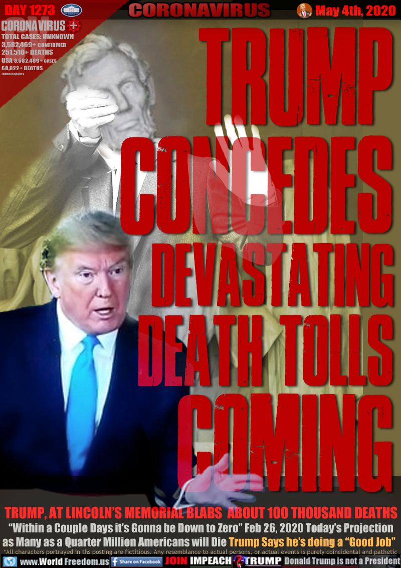 TRUMP
CONCEDES
DEVASTATING
DEATH TOLLS
COMING

[TRUMP BLABBING in front of Abraham Lincoln who is hiding his eyes and motioning 