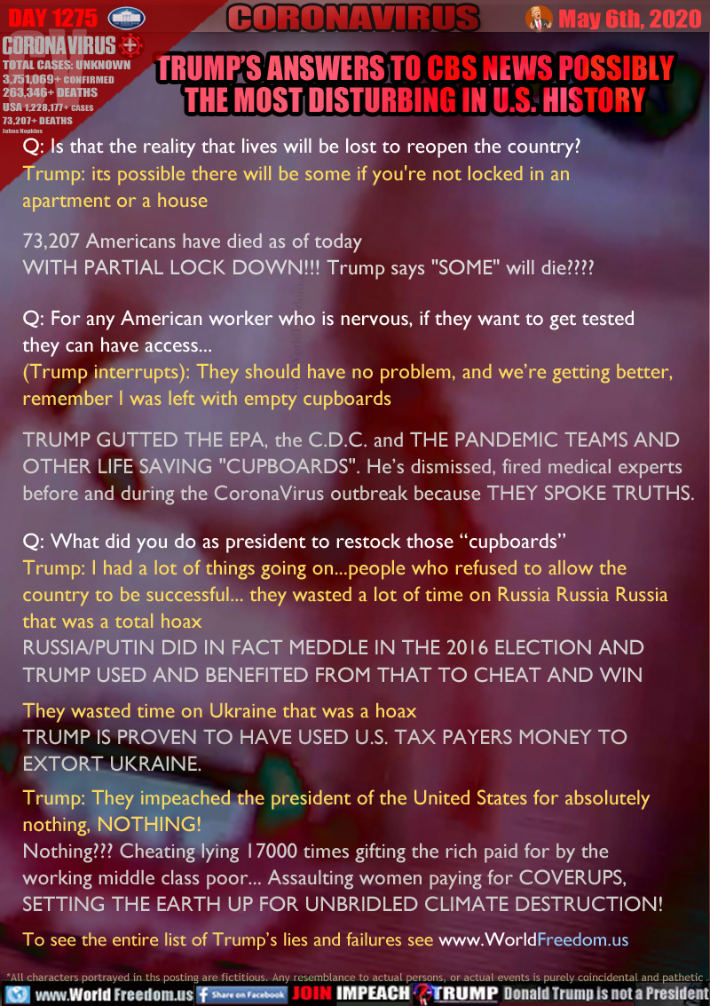 Q: Is that the reality that lives will be lost to reopen the country?
Trump: its possible there will be some if you're not locked in an 
apartment or a house

73,207 Americans have died as of today
WITH PARTIAL LOCK DOWN!!! Trump says 