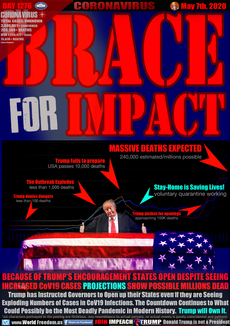 BRACE FOR
IMPACT

BECAUSE OF TRUMP’S ENCOURAGEMENT STATES OPEN DESPITE SEEING
INCREASED CoV19 CASES PROJECTIONS SHOW POSSIBLE MILLIONS DEAD
Trump has Instructed Governors to Open up their States even if they are Seeing
Exploding Numbers of Cases in CoV19 Infections. The Countdown Continues to What
Could Possibly be the Most Deadly Pandemic in Modern History.  Trump will Own It.