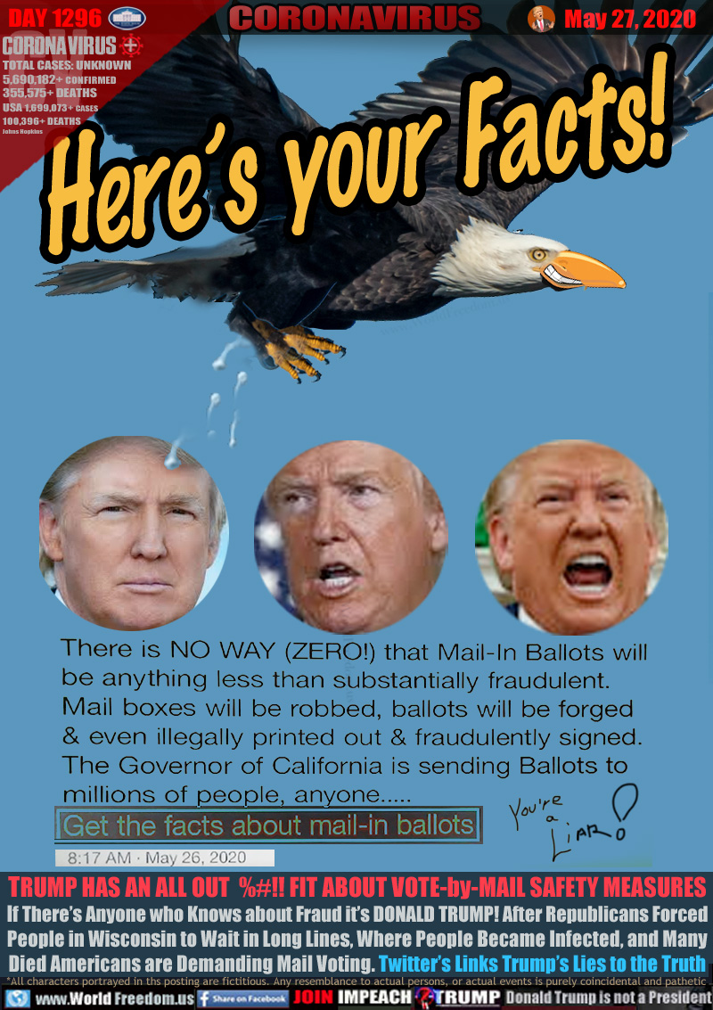 Here’s your Facts!

TRUMP HAS AN ALL OUT  %!! FIT ABOUT VOTE-by-MAIL SAFETY MEASURES
If There’s Anyone who Knows about Fraud it’s DONALD TRUMP! After Republicans Forced
People in Wisconsin to Wait in Long Lines, Where People Became Infected, and Many
Died Americans are Demanding Mail Voting. Twitter’s Links Trump’s Lies to the Truth