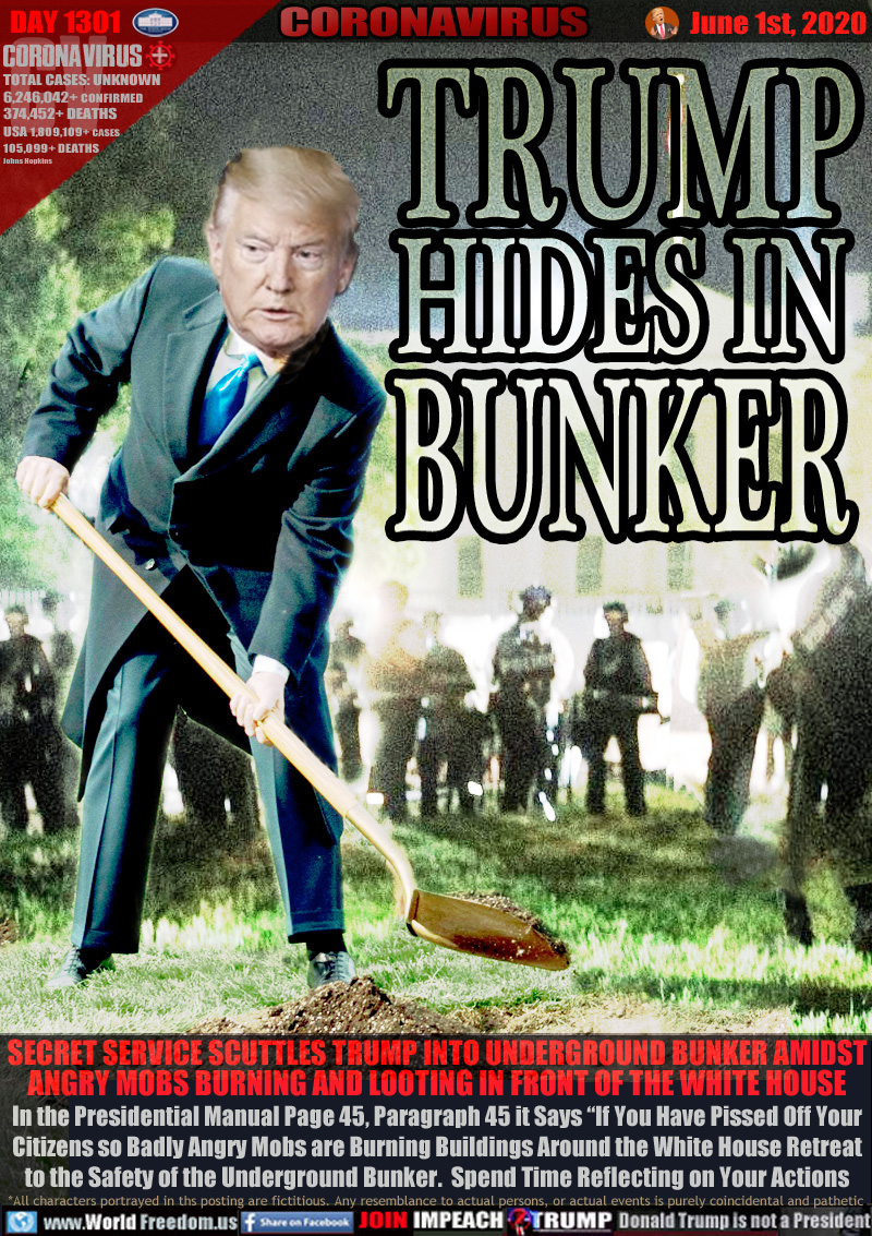 TRUMP
HIDES IN
BUNKER

SECRET SERVICE SCUTTLES TRUMP INTO UNDERGROUND BUNKER AMIDST
ANGRY MOBS BURNING AND LOOTING IN FRONT OF THE WHITE HOUSE
In the Presidential Manual Page 45, Paragraph 45 it Says “If You Have Pissed Off Your
Citizens so Badly Angry Mobs are Burning Buildings Around the White House Retreat
to the Safety of the Underground Bunker.  Spend Time Reflecting on Your Actions