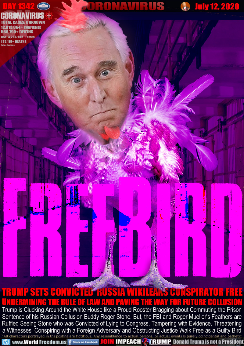 F R E E B I R D

TRUMP SETS CONVICTED  RUSSIA WIKILEAKS CONSPIRATOR FREE
UNDERMINING THE RULE OF LAW AND PAVING THE WAY FOR FUTURE COLLUSION

Trump is Clucking Around the White House like a Proud Rooster Bragging about Commuting the Prison
Sentence of his Russian Collusion Buddy Roger Stone. But, the FBI and Roger Mueller’s Feathers are
Ruffled Seeing Stone who was Convicted of Lying to Congress, Tampering with Evidence, Threatening
a Witnesses, Conspiring with a Foreign Adversary and Obstructing Justice Walk Free as a Guilty Bird