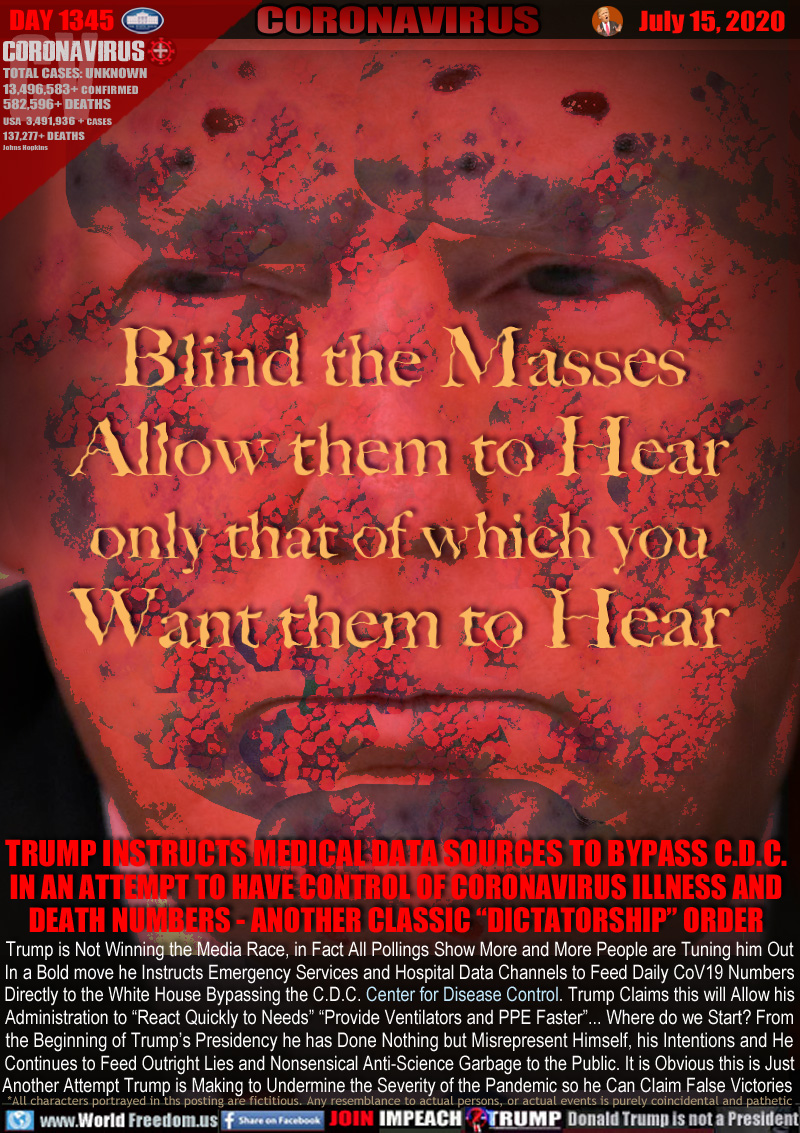 Blind the Masses
Allow them to Hear
only that which you
Want them to Hear

TRUMP INSTRUCTS MEDICAL DATA SOURCES TO BYPASS C.D.C.
IN AN ATTEMPT TO HAVE CONTROL OF CORONAVIRUS ILLNESS AND
DEATH NUMBERS - ANOTHER CLASSIC “DICTATORSHIP” ORDER

Trump is Not Winning the Media Race, in Fact All Pollings Show More and More People are Tuning him Out
In a Bold move he Instructs Emergency Services and Hospital Data Channels to Feed Daily CoV19 Numbers
Directly to the White House Bypassing the C.D.C. Center for Disease Control. Trump Claims this will Allow his
Administration to “React Quickly to Needs” “Provide Ventilators and PPE Faster”... Where do we Start? From
the Beginning of Trump’s Presidency he has Done Nothing but Misrepresent Himself, his Intentions and He
Continues to Feed Outright Lies and Nonsensical Anti-Science Garbage to the Public. It is Obvious this is Just
Another Attempt Trump is Making to Undermine the Severity of the Pandemic so he Can Claim False Victories