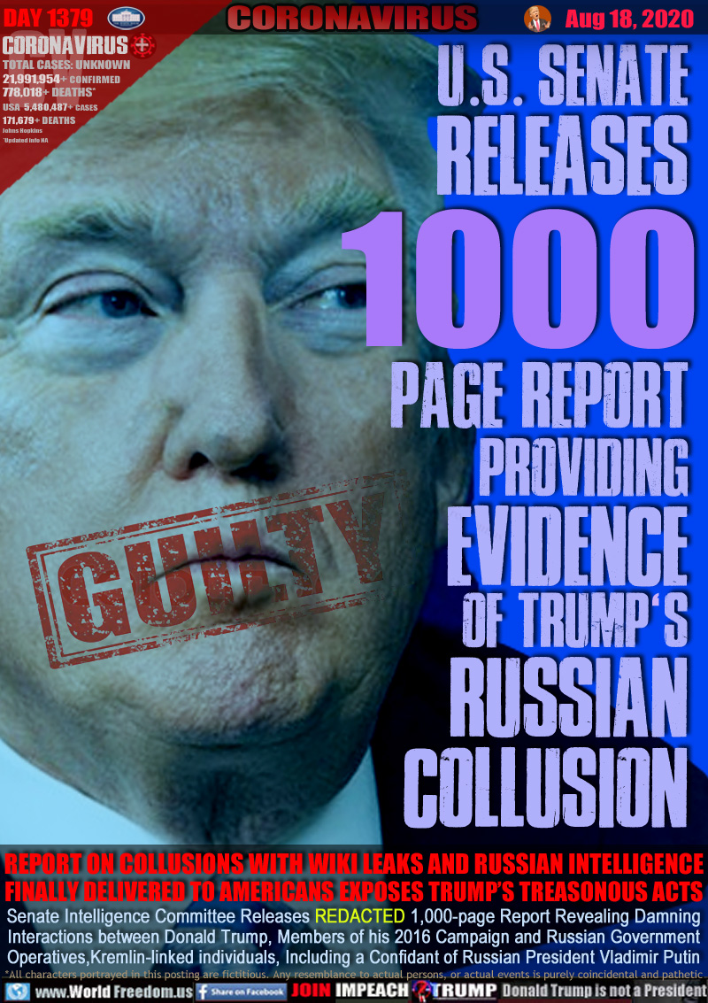 U.S. SENATE
RELEASES
1000
PAGE REPORT
PROVIDING
EVIDENCE
OF TRUMP'S
RUSSIAN
COLLUSION

Image: Donald Trump with 