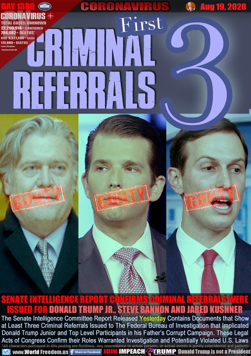 FIRST 3 CRIMINAL REFERRALS

SENATE INTELLIGENCE REPORT CONFIRMS CRIMINAL REFERRALS WERE ISSUED FOR DONALD TRUMP JR., STEVE BANNON AND JARED KUSHNER

The Senate Intelligence Committee Report Released Yesterday Contains Documents that Show
at Least Three Criminal Referrals Issued to The Federal Bureau of Investigation that Implicated
Donald Trump Junior and Top Level Participants in his Father’s Corrupt Campaign. These Legal
Acts of Congress Confirm their Roles Warranted Investigation and Potentially Violated U.S. Laws
