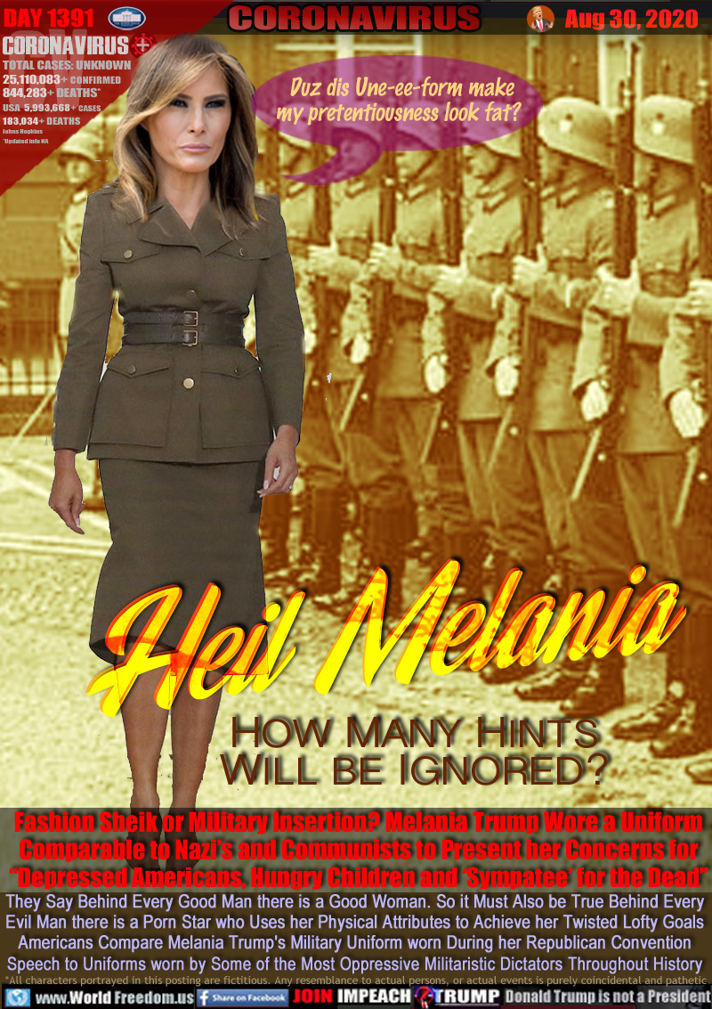 Heil Melania

HOW MANY HINTS
WILL BE IGNORED?

Image: Melania Trump in her 2020 Republican Convention Soviet/Communist Uniform saying 
