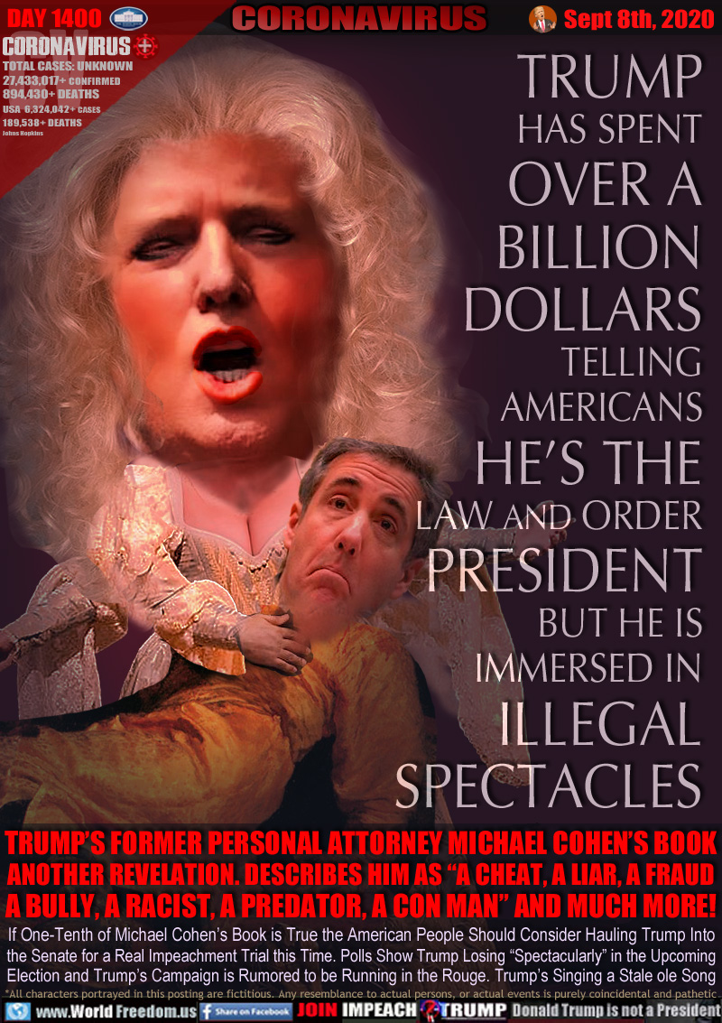 TRUMP
HAS SPENT
OVER A
BILLION
DOLLARS
TELLING
AMERICANS
HE’S THE 
LAW AND ORDER
PRESIDENT
BUT HE IS
IMMERSED IN
ILLEGAL
SPECTACLES

TRUMP’S FORMER PERSONAL ATTORNEY MICHAEL COHEN’S BOOK
ANOTHER REVELATION. DESCRIBES HIM AS “A CHEAT, A LIAR, A FRAUD
A BULLY, A RACIST, A PREDATOR, A CON MAN” AND MUCH MORE!

If One-Tenth of Michael Cohen’s Book is True the American People Should Consider Hauling Trump Into
the Senate for a Real Impeachment Trial this Time. Polls Show Trump Losing “Spectacularly” in the Upcoming
Election and Trump’s Campaign is Rumored to be Running in the Rouge. Trump’s Singing a Stale ole Song