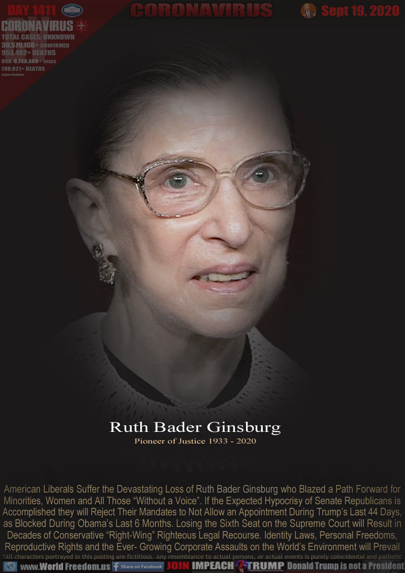 Ruth Bador Ginsberg
Pioneer of Justice 1933 - 2020

American Liberals Suffer the Devastating Loss of Ruth Bador Ginsburg who Blazed a Path Forward for
Minorities, Women and All Those “Without a Voice”. If the Expected Hypocrisy of Senate Republicans is
Accomplished they will Reject Their Mandates to Not Allow an Appointment During Trump’s Last 44 Days,
as Blocked During Obama’s Last 6 Months. Losing the Sixth Seat on the Supreme Court will Result in
Decades of Conservative “Right-Wing” Righteous Legal Recourse. Identity Laws, Personal Freedoms,
Reproductive Rights and the Ever-Growing Corporate Assaults on the World’s Environment will Prevail