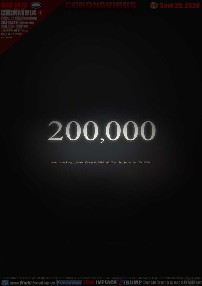 200,000
Americans Lost to CoronaVirus by Midnight Tonight September 20, 2020