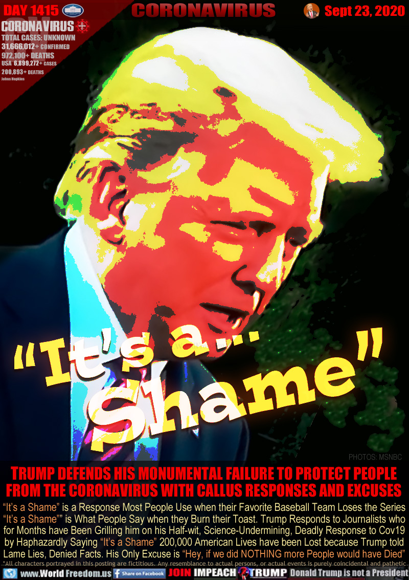 TRUMP DEFENDS HIS MONUMENTAL FAILURE TO PROTECT PEOPLE
FROM THE CORONAVIRUS WITH CALLUS RESPONSES AND EXCUSES

“It’s a Shame” is a Response Most People Use when their Favorite Baseball Team Loses the Series
“It’s a Shame”” is What People Say when they Burn their Toast. Trump Responds to Journalists who
for Months have Been Grilling him on his Half-wit, Science-Undermining, Deadly Response to Cov19
by Haphazardly Saying “It’s a Shame” 200,000 American Lives have been Lost because Trump told
Lame Lies, Denied Facts. His Only Excuse is “Hey, if we did NOTHING more People would have Died”