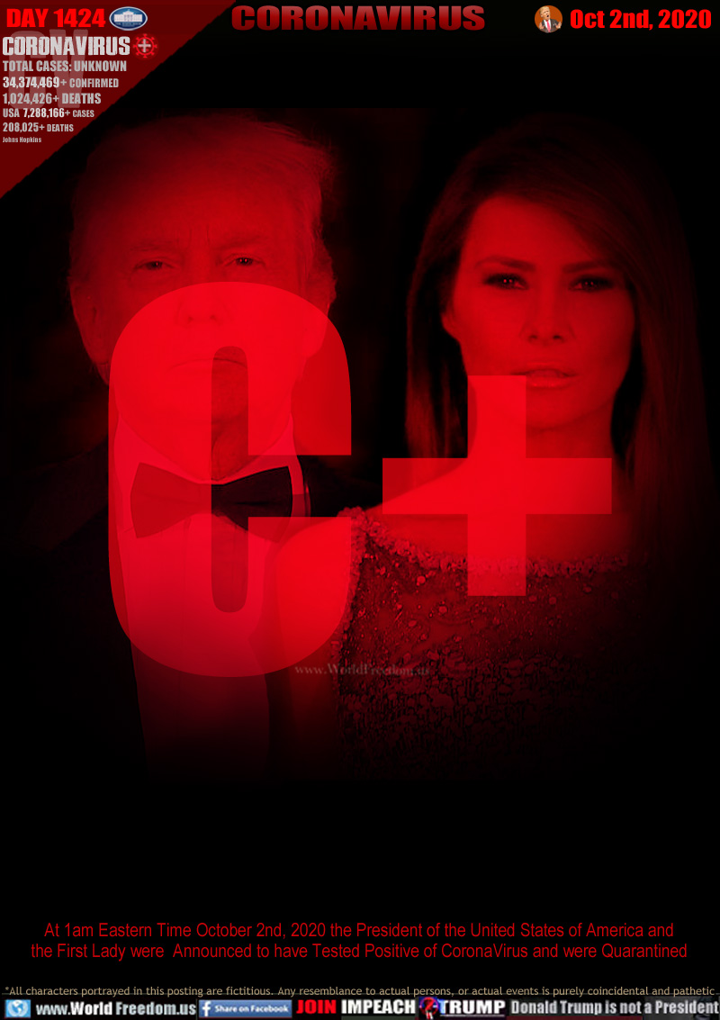 DONALD TRUMP AND MELANIA TRUMP TEST POSITIVE FOR CORONAVIRUS
October 1st, 2020

At 1am Eastern Time October 2nd, 2020 the President of the United States of America and
the First Lady were  Announced to have Tested Positive of CoronaVirus and were Quarantined