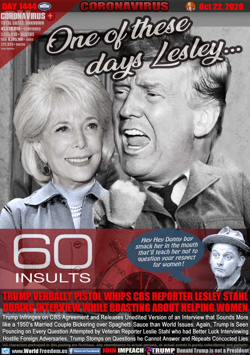 One of these days Lesley...

60 INSULTS

TRUMP VERBALLY PISTOL WHIPS CBS REPORTER LESLEY STAHL
DURING INTERVIEW WHILE BOASTING ABOUT HELPING WOMEN

Trump Infringes on CBS Agreement and Releases Unedited Version of an Interview that Sounds More
like a 1950’s Married Couple Bickering over Spaghetti Sauce than World Issues. Again, Trump is Seen
Pouncing on Every Question Attempted by Veteran Reporter Leslie Stahl who had Better Luck Interviewing
Hostile Foreign Adversaries. Trump Stomps on Questions he Cannot Answer and Repeats Concocted Lies

Newlyweds Norton 