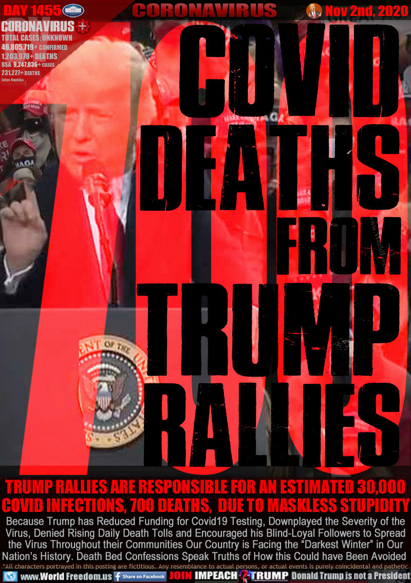 700 COVID
DEATHS
FROM
TRUMP
RALLIES

TRUMP RALLIES ARE RESPONSIBLE FOR AN ESTIMATED 30,000
COVID INFECTIONS, 700 DEATHS,  DUE TO MASKLESS STUPIDITY

Because Trump has Reduced Funding for Covid19 Testing, Downplayed the Severity of the
Virus, Denied Rising Daily Death Tolls and Encouraged his Blind-Loyal Followers to Spread
the Virus Throughout their Communities Our Country is Facing the “Darkest Winter” in Our
Nation’s History. Death Bed Confessions Speak Truths of How this Could have Been Avoided
