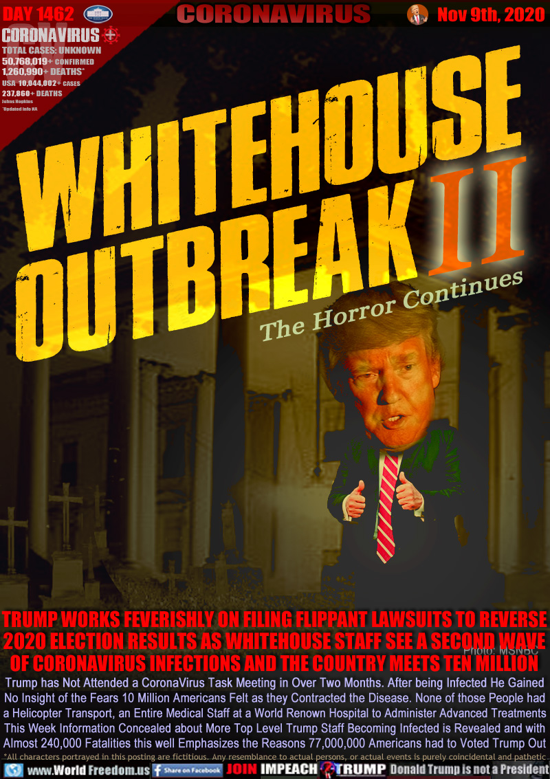WHITEHOUSE
OUTBREAK
The Horror Continues

TRUMP WORKS FEVERISHLY ON FILING FLIPPANT LAWSUITS TO REVERSE
2020 ELECTION RESULTS AS WHITEHOUSE STAFF SEE A SECOND WAVE
OF CORONAVIRUS INFECTIONS AND THE COUNTRY MEETS TEN MILLION

Trump has Not Attended a CoronaVirus Task Meeting in Over Two Months. After being Infected He Gained
No Insight of the Fears 10 Million Americans Felt as they Contracted the Disease. None of those People had
a Helicopter Transport, an Entire Medical Staff at a World Renown Hospital to Administer Advanced Treatments
This Week Information Concealed about More Top Level Trump Staff Becoming Infected is Revealed and with
Almost 240,000 Fatalities this well Emphasizes the Reasons 77,000,000 Americans had to Voted Trump Out