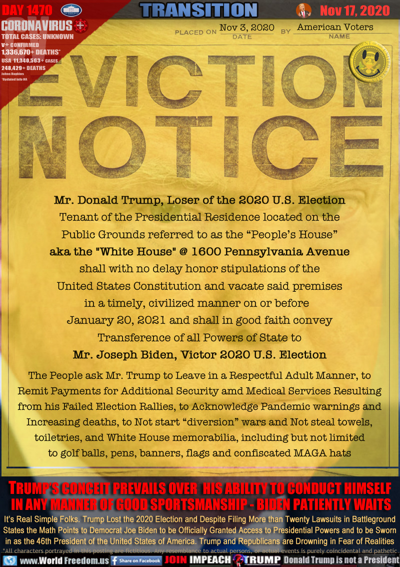 EVICTION NOTICE 

Mr. Donald Trump, Loser of the 2020 U.S. Election
Tenant of the Presidential Residence located on the
Public Grounds referred to as the “People’s House”
aka the 