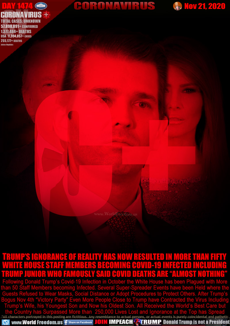 TRUMP’S IGNORANCE OF REALITY HAS NOW RESULTED IN MORE THAN FIFTY
WHITE HOUSE STAFF MEMBERS BECOMING COVID-19 INFECTED INCLUDING
TRUMP JUNIOR WHO FAMOUSLY SAID COVID DEATHS ARE “ALMOST NOTHING”

Following Donald Trump’s Covid-19 Infection in October the White House has been Plagued with More
than 50 Staff Members becoming Infected. Several Super-Spreader Events have been Held where the
Guests Refused to Wear Masks, Social Distance or Adopt Procedures to Protect Others. After Trump’s
Bogus Nov 4th “Victory Party” Even More People Close to Trump have Contracted the Virus Including
Trump’s Wife, his Youngest Son and Now his Oldest Son. All Received the World’s Best Care but
the Country has Surpassed More than 250,000 Lives Lost and Ignorance at the Top has Spread