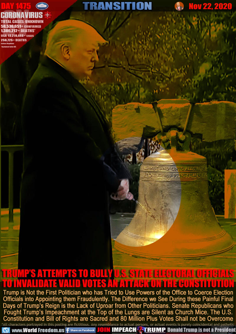 TRUMP’S ATTEMPTS TO BULLY U.S. STATE ELECTORAL OFFICIALS TO INVALIDATE VALID VOTES AN ATTACK ON THE CONSTITUTION

Trump is Not the First Politician who has Tried to Use Powers of the Office to Coerce Election
Officials into Appointing them Fraudulently. The Difference we See During these Painful Final
Days of Trump’s Reign is the Lack of Uproar from Other Politicians. Senate Republicans who
Fought Trump’s Impeachment at the Top of the Lungs are Silent as Church Mice. The U.S.
Constitution and Bill of Rights are Sacred and 80 Million Plus Votes Shall not be Overcome