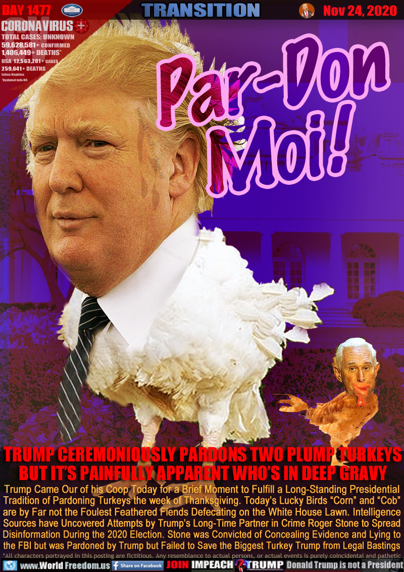 Par-Don
Moi !

TRUMP CEREMONIOUSLY PARDONS TWO PLUMP TURKEYS
BUT IT’S PAINFULLY APPARENT WHO’S IN DEEP GRAVY

Trump Came Our of his Coop Today for a Brief Moment to Fulfill a Long-Standing Presidential
Tradition of Pardoning Turkeys the week of Thanksgiving. Today’s Lucky Birds “Corn” and “Cob”
are by Far not the Foulest Feathered Fiends Defecating on the White House Lawn. Intelligence
Sources have Uncovered Attempts by Trump’s Long-Time Partner in Crime Roger Stone to Spread
Disinformation During the 2020 Election. Stone was Convicted of Concealing Evidence and Lying to
the FBI but was Pardoned by Trump but Failed to Save the Biggest Turkey Trump from Legal Bastings