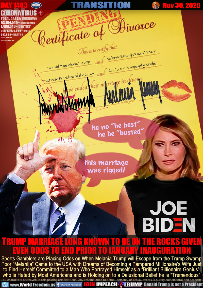 Certificate of Divorce PENDING

This is to Certify that
Donald “Delusional” Trump                     Melania “Melanija Knavs” Trump
and
Ex-Facto President of the U.S.A.                 Ex-Facto Pornography Model 

have ended their marriage in divorce          

Melania 