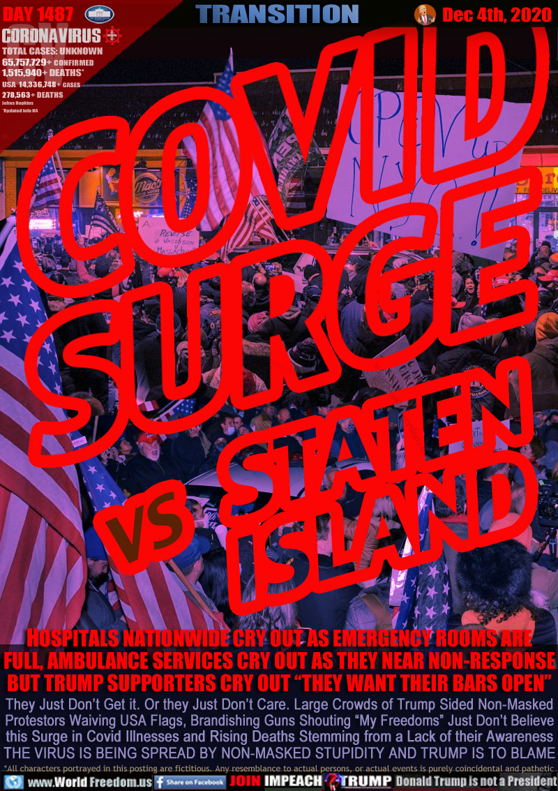 COVID SURGE vs STATEN ISLAND

HOSPITALS NATIONWIDE CRY OUT AS EMERGENCY ROOMS ARE
FULL, AMBULANCE SERVICES CRY OUT AS THEY NEAR NON-RESPONSE
BUT TRUMP SUPPORTERS CRY OUT “THEY WANT THEIR BARS OPEN”

They Just Don’t Get it. Or they Just Don’t Care. Large Crowds of Trump Sided Non-Masked
Protestors Waiving USA Flags, Brandishing Guns Shouting “My Freedoms” Just Don’t Believe
this Surge in Covid Illnesses and Rising Deaths Stemming from a Lack of their Awareness
THE VIRUS IS BEING SPREAD BY NON-MASKED STUPIDITY AND TRUMP IS TO BLAME