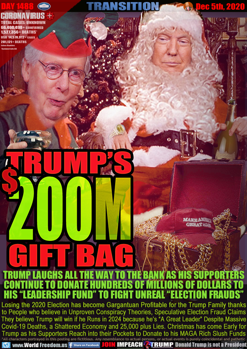 TRUMP'S $200M GIFT BAG

TRUMP LAUGHS ALL THE WAY TO THE BANK AS HIS SUPPORTERS
CONTINUE TO DONATE HUNDREDS OF MILLIONS OF DOLLARS TO
HIS “LEADERSHIP FUND” TO FIGHT UNREAL “ELECTION FRAUDS”

Losing the 2020 Election has become Gargantuan Profitable for the Trump Family thanks
to People who believe in Unproven Conspiracy Theories, Speculative Election Fraud Claims
They believe Trump will win if he Runs in 2024 because he’s “A Great Leader” Despite Massive
Covid-19 Deaths, a Shattered Economy and 25,000 plus Lies. Christmas has come Early for
Trump as his Supporters Reach into their Pockets to Donate to his MAGA Rich Slush Funds