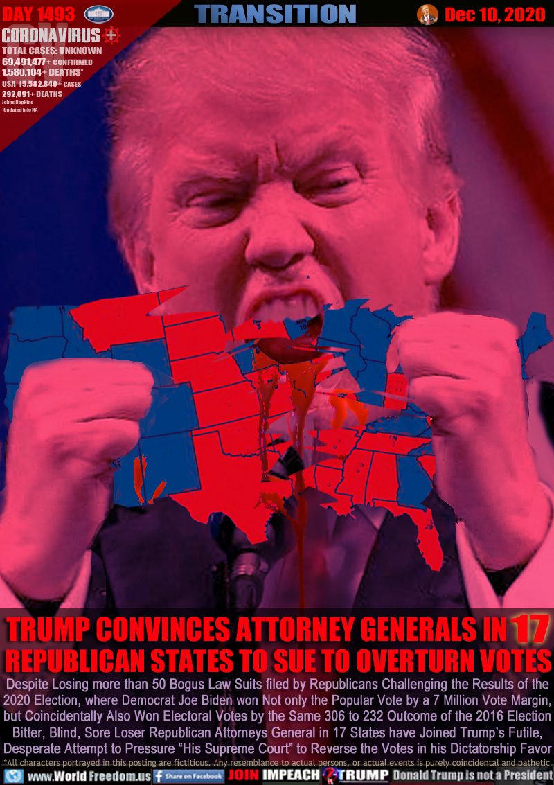 TRUMP CONVINCES ATTORNEY GENERALS IN        
REPUBLICAN STATES TO SUE TO OVERTURN VOTES

Despite Losing more than 50 Bogus Law Suits filed by Republicans Challenging the Results of the
2020 Election, where Democrat Joe Biden won Not only the Popular Vote by a 7 Million Vote Margin,
but Coincidentally Also Won Electoral Votes by the Same 306 to 232 Outcome of the 2016 Election
Bitter, Blind, Sore Loser Republican Attorneys General in 17 States have Joined Trump’s Futile,
Desperate Attempt to Pressure “His Supreme Court” to Reverse the Votes in his Dictatorship Favor
