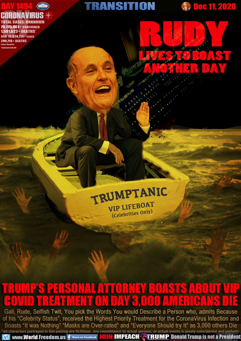 TRUMP’S PERSONAL ATTORNEY BOASTS ABOUT VIP
COVID TREATMENT ON DAY 3,000 AMERICANS DIE

Gall, Rude, Selfish Twit, You pick the Words You would Describe a Person who, admits Because
of his “Celebrity Status”, received the Highest Priority Treatment for the CoronaVirus Infection and
Boasts “It was Nothing” “Masks are Over-rated” and “Everyone Should try It” as 3,000 others Die