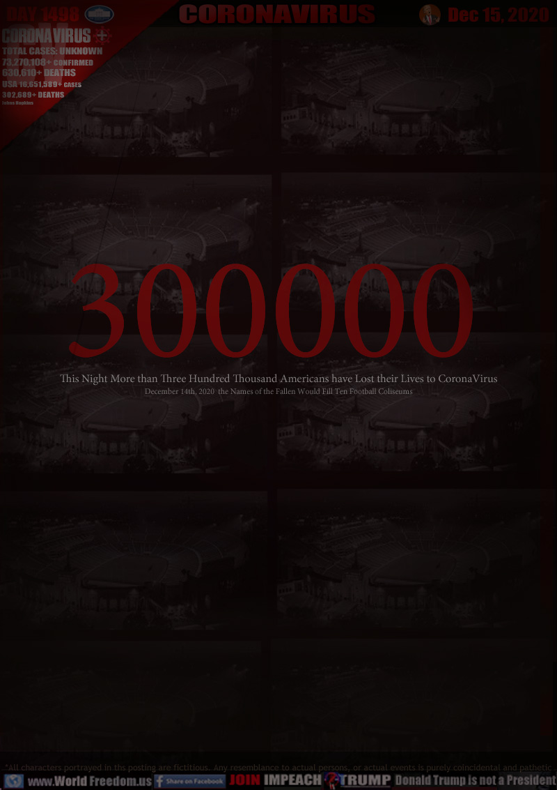 300000

This Night More than Three Hundred Thousand Americans have Lost their Lives to CoronaVirus
December 14th, 2020  the Names of the Fallen Would Fill Ten Football Coliseums
