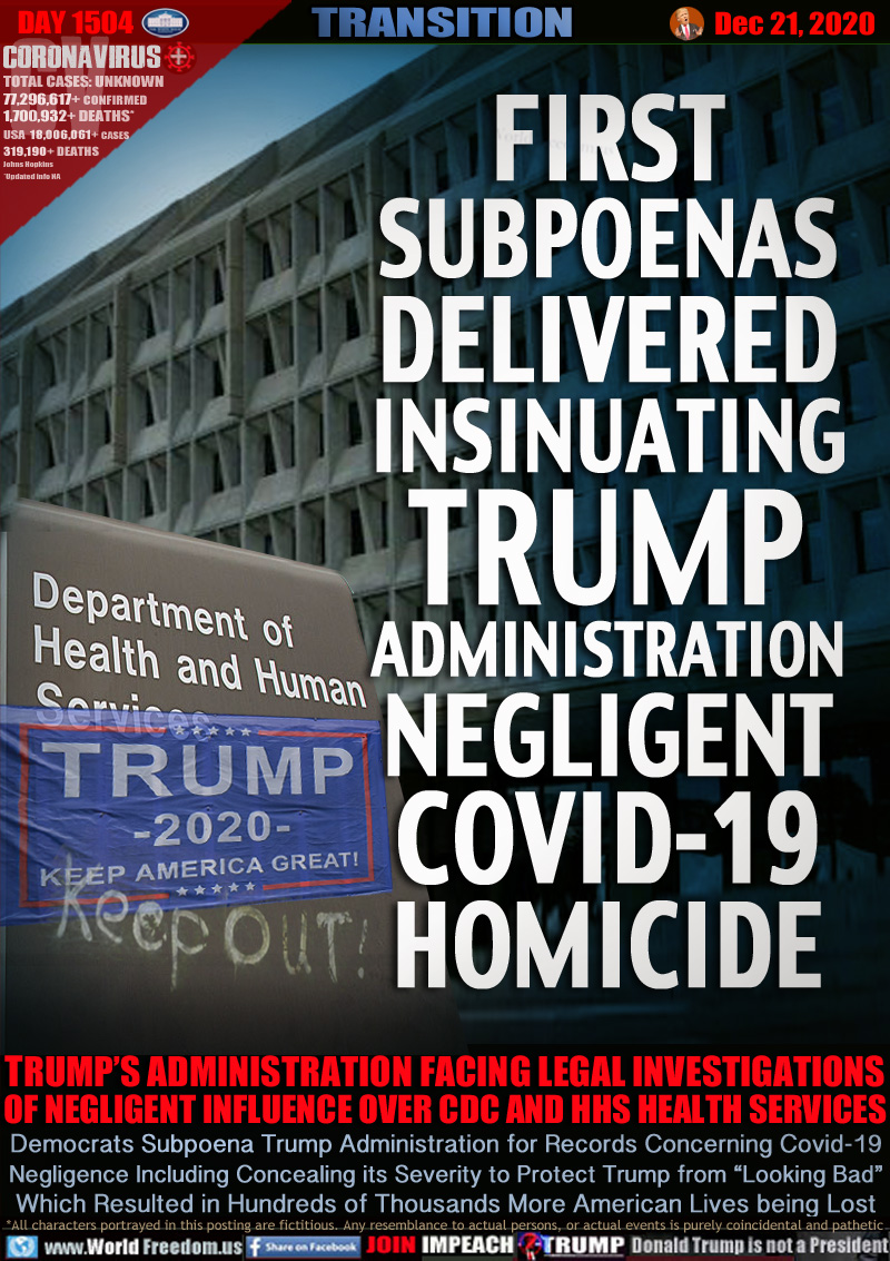 FIRST
SUBPOENAS
DELIVERED
INSINUATING
TRUMP
ADMINISTRATION
NEGLIGENT
COVID-19
HOMICIDE

Image: HHS Health and Human Services building sign with Trump/Pence flag draped on t and graffiti 