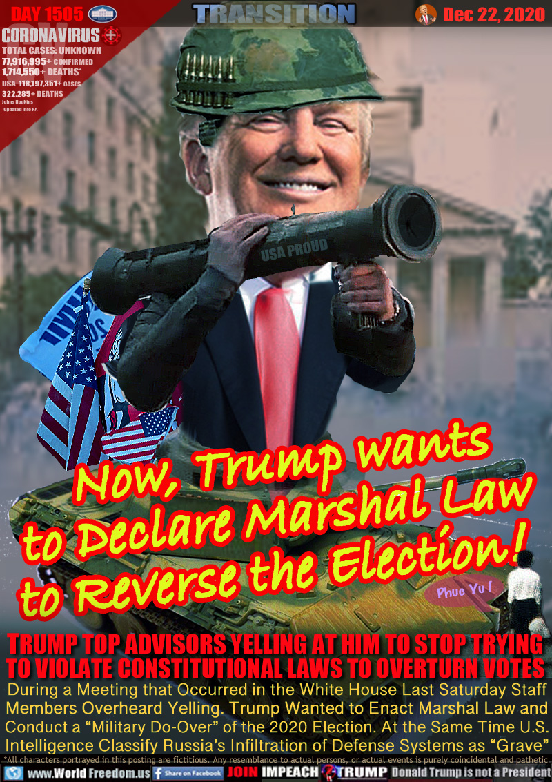 Now, Trump wants
to Declare Marshal Law
to Reverse the Election!

TRUMP TOP ADVISORS YELLING AT HIM TO STOP TRYING
TO VIOLATE CONSTITUTIONAL LAWS TO OVERTURN VOTES

During a Meeting that Occurred in the White House Last Saturday Staff
Members Overheard Yelling. Trump Wanted to Enact Marshal Law and
Conduct a “Military Do-Over” of the 2020 Election. At the Same Time U.S.
Intelligence Classify Russia’s Infiltration of Defense Systems as “Grave”