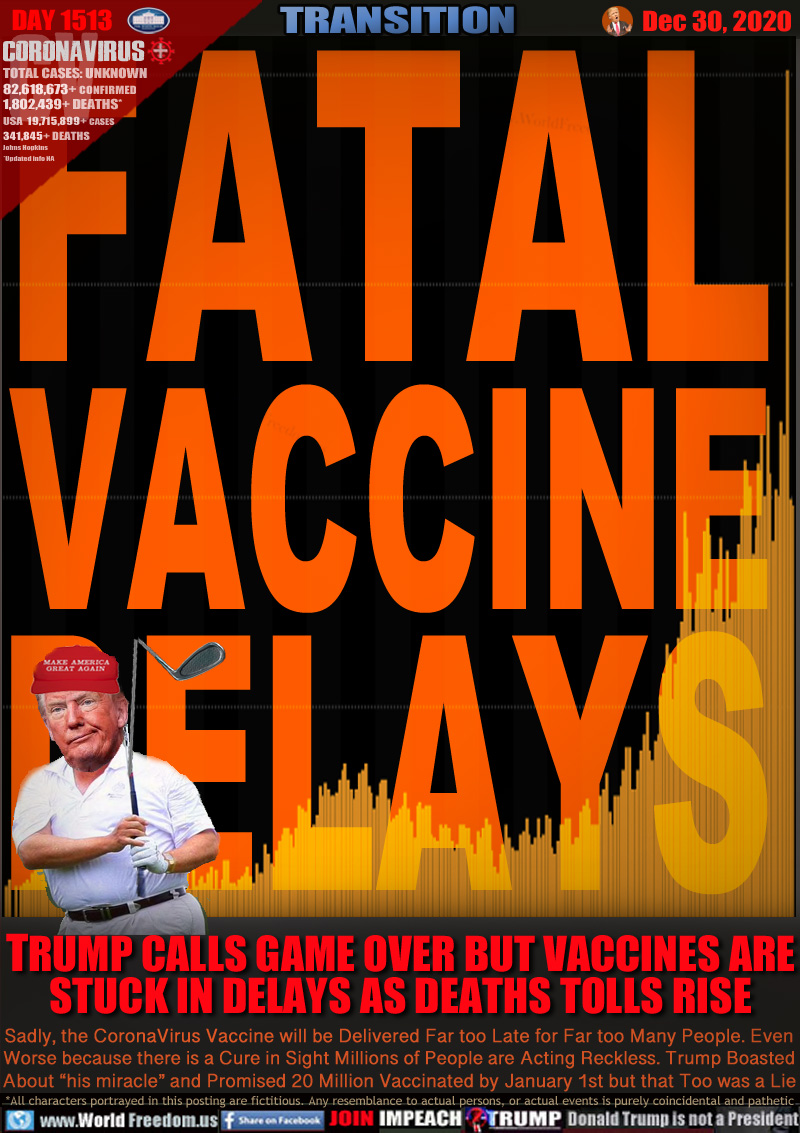FATAL
VACCINE
DELAYS

TRUMP CALLS GAME OVER BUT VACCINES ARE
STUCK IN DELAYS AS DEATHS TOLLS RISE

Sadly, the CoronaVirus Vaccine will be Delivered Far too Late for Far too Many People. Even
Worse because there is a Cure in Sight Millions of People are Acting Reckless. Trump Boasted
About “his miracle” and Promised 20 Million Vaccinated by January 1st but that Too was a Lie