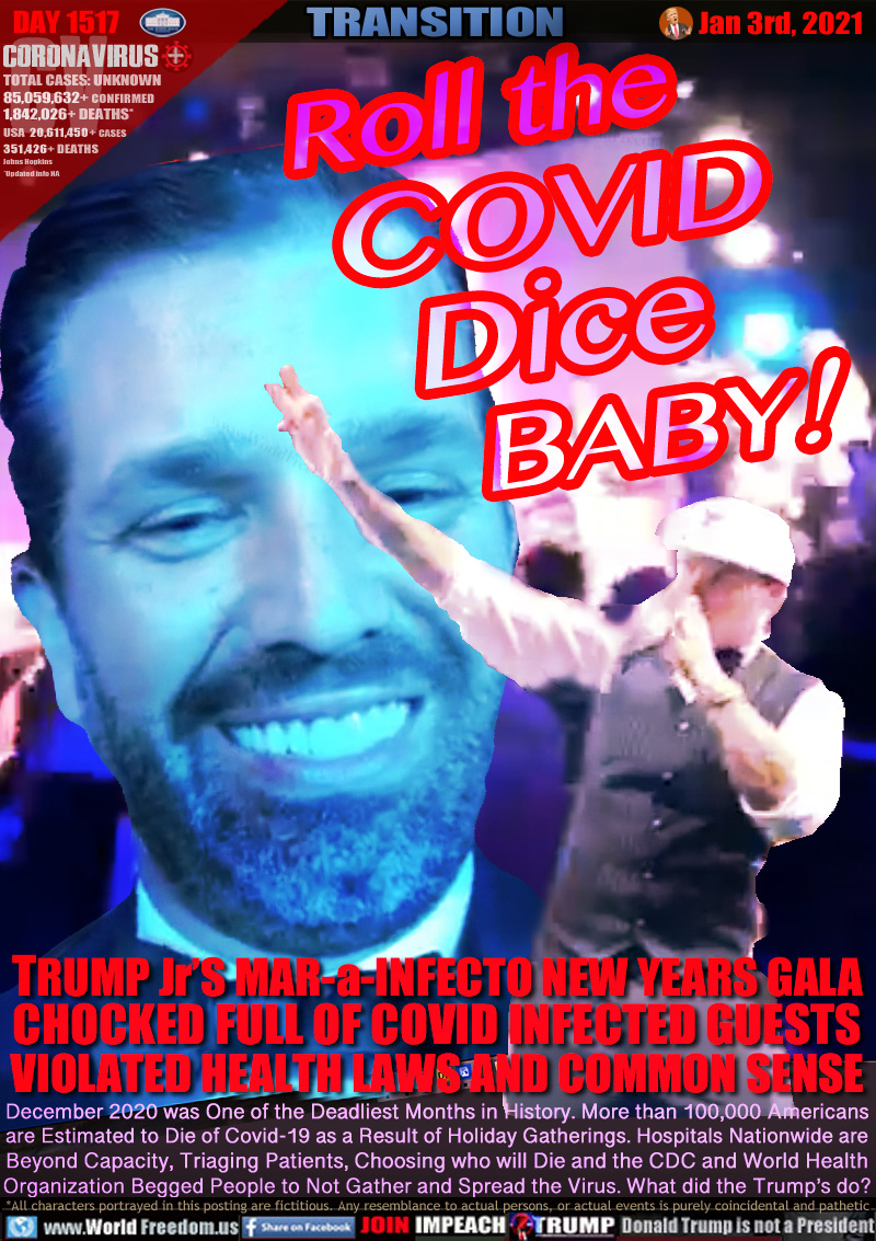Roll the
    COVID
     Dice
           BABY!

TRUMP Jr’S MAR-a-INFECTO NEW YEARS GALA
CHOCKED FULL OF COVID INFECTED GUESTS
VIOLATED HEALTH LAWS AND COMMON SENSE

December 2020 was One of the Deadliest Months in History. More than 100,000 Americans
are Estimated to Die of Covid-19 as a Result of Holiday Gatherings. Hospitals Nationwide are
Beyond Capacity, Triaging Patients, Choosing who will Die and the CDC and World Health
Organization Begged People to Not Gather and Spread the Virus. What did the Trump’s do?