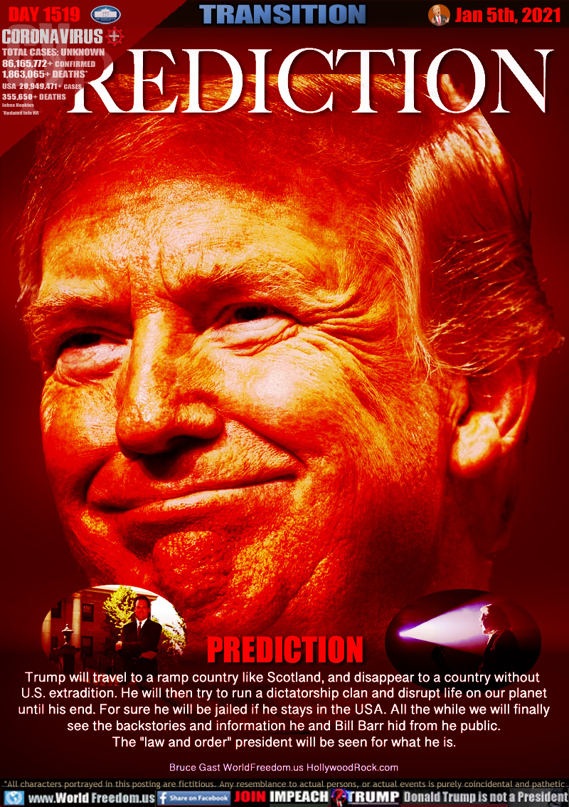 PREDICTION

Trump will travel to a ramp country like Scotland, and disappear to a country without U.S. extradition. He will then try to run a dictatorship clan and disrupt life on our planet until his end. For sure he will be jailed if he stays in the USA. All the while we will finally see the backstories and information he and Bill Barr hid from he public.

The 