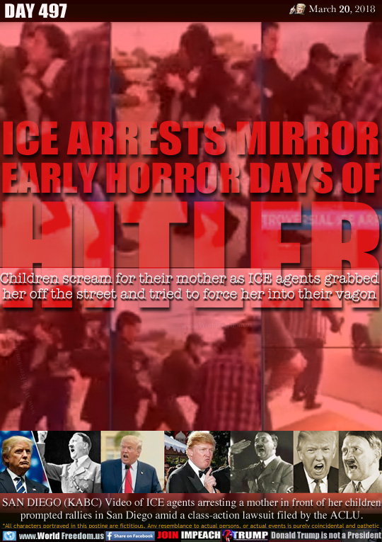 ICE ARRESTS MIRROR
EARLY HORROR DAYS OF
HITLER

Children scream for their mother as ICE agents grabbed
her off the street and tried to force her into their vagon

SAN DIEGO (KABC) Video of ICE agents arresting a mother in front of her children
prompted rallies in San Diego amid a class-action lawsuit filed by the ACLU.