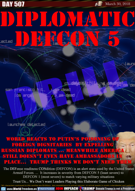 DIPLOMATIC
DEFCON 5

World Reacts to Putins Poisoning of
Foreign Dignitaries  BY EXPELLING
RUSSIAN DIPLOMATS ... MEANWHILE America
Still Doesnt Even have Ambassadors in
        Place...  Trump THINKS WE DONT NEED THEM