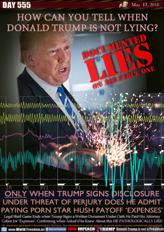 HOW CAN YOU TELL WHEN
DONALD TRUMP IS NOT LYING?

ONLY WHEN TRUMP SIGNS DISCLOSURE
UNDER THREAT OF PERJURY DOES HE ADMIT
PAYING PORN STAR HUSH PAYOFF 'EXPENSES'

DOCUMENTED
LIES
ON AIR FARCE ONE

Legal Shell Game Ends when Trump Signs a Written Document Under Oath He Paid His Attorney
Cohen for 'Expenses'. Confirming when Asked if he Knew About this HE PATHOLOGICALLY LIED