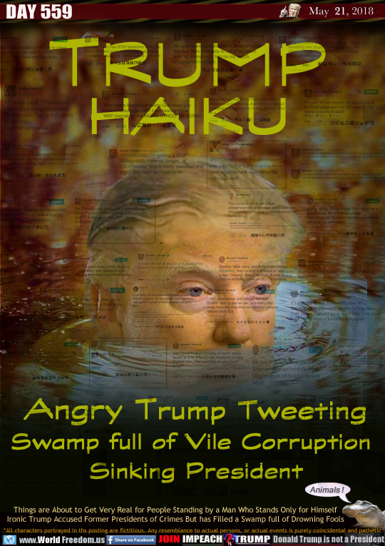 TRUMP
HAIKU

Angry Trump Tweeting
Swamp full of Vile Corruption 
Sinking President

Things are About to Get Very Real for People Standing by a Man Who Stands Only for Himself 
Ironic Trump Accused Former Presidents of Crimes But has Filled a Swamp full of Drowning Fools