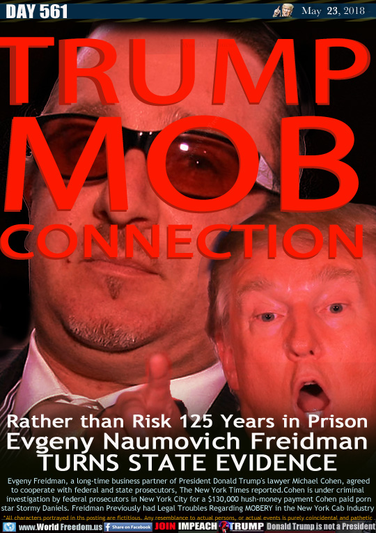 TRUMP
MOB
CONNECTION

Rather than Risk 125 Years in Prison
Evgeny Naumovich Freidman
TURNS STATE EVIDENCE

Evgeny Freidman, a long-time business partner of President Donald Trump's lawyer Michael Cohen, agreed
to cooperate with federal and state prosecutors, The New York Times reported.Cohen is under criminal investigation by federal prosecutors in New York City for a $130,000 hush-money payment Cohen paid porn star Stormy Daniels. Freidman Previously had Legal Troubles Regarding MOBERY in the New York Cab Industry