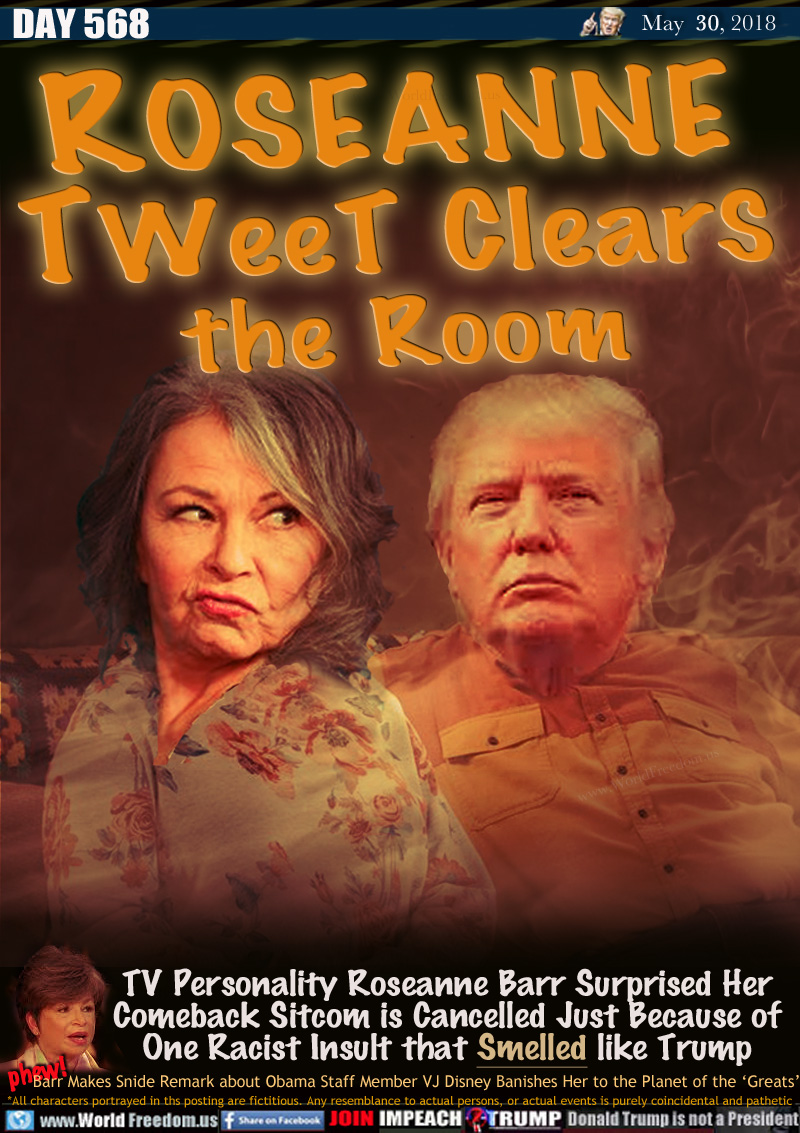 ROSANNE
TWeeT ClearS
the Room

TV Personality Rosanne Barr Surprised Her
Comeback Sitcom is Cancelled Just Because of
One Racist Insult that Smelled like Trump

Barr Makes Snide Remark about Obama Staff Member VJ Disney Banishes Her to the Planet of the 'Greats
