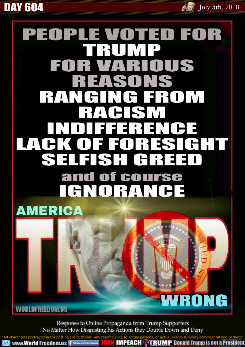 PEOPLE VOTED FOR
TRUMP
FOR VARIOUS
REASONS
RANGING FROM
RACISM
INDIFFERENCE
LACK OF FORESIGHT
SELFISH GREED
and of course
IGNORANCE

AMERICA - TRUMP - WRONG

Response to Online Propaganda from Trump Supporters
No Matter How Disgusting his Actions they Double Down and Deny