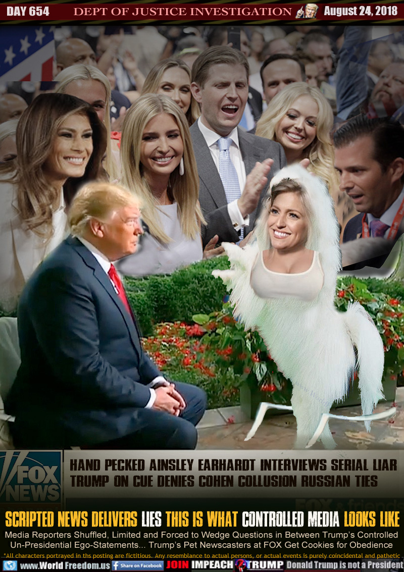 Hand Pecked Ainsley Earhardt INTERVIEWS SERIAL LIAR
TRUMP ON CUE DENIES Cohen Collusion RUSSIAN TIES

Scripted News Delivers Lies THIS IS WHAT CONTROLLED MEDIA LOOKS LIKE

Media Reporters Shuffled, Limited and Forced to Wedge Questions in Between Trump’s Controlled
Un-Presidential Ego-Statements... Trump’s Pet Newscasters at FOX Get Cookies for Obedience