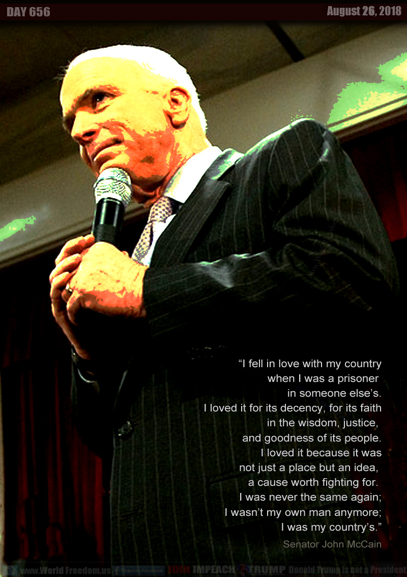 “I fell in love with my country
when I was a prisoner 
in someone else’s.
I loved it for its decency, for its faith
in the wisdom, justice, 
and goodness of its people.
I loved it because it was
not just a place but an idea, 
a cause worth fighting for. 
I was never the same again;
I wasn’t my own man anymore;
I was my country’s.”
Senator John McCain