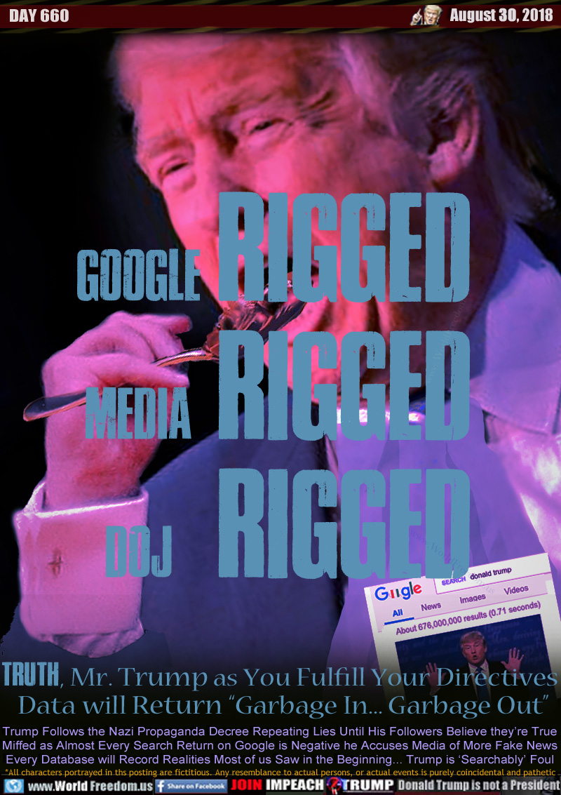 GOOGLE RIGGED
MEDIA RIGGED
DOJ RIGGED

TRUTH, Mr. Trump as You Fulfill Your Directives
 Data will Return “Garbage In... Garbage Out”

Trump Follows the Nazi Propaganda Decree Repeating Lies Until His Followers Believe they’re True
Miffed as Almost Every Search Return on Google is Negative he Accuses Media of More Fake News
Every Database will Record Realities Most of us Saw in the Beginning... Trump is ‘Searchably’ Foul

