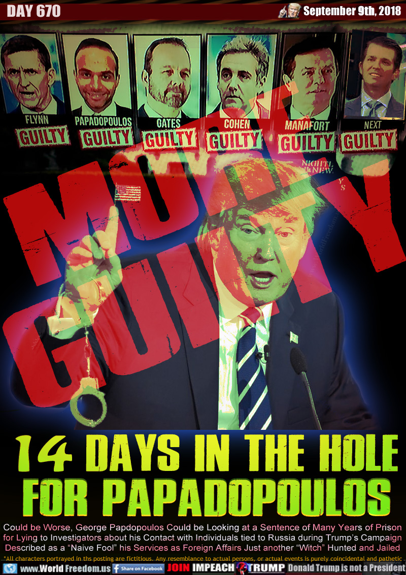MORE GUILTY
14 DAYS IN THE HOLE FOR PAPADOPOULOS

Could be Worse.. George Papdopoulos Could be Looking at a Sentence of Many Years of Prison
for Lying to Investigators about his Contact with Individuals tied to Russia during Trump’s Campaign
Described as a “Naive Fool” his Services as Foreign Affairs Just another “Witch” Hunted and Jailed