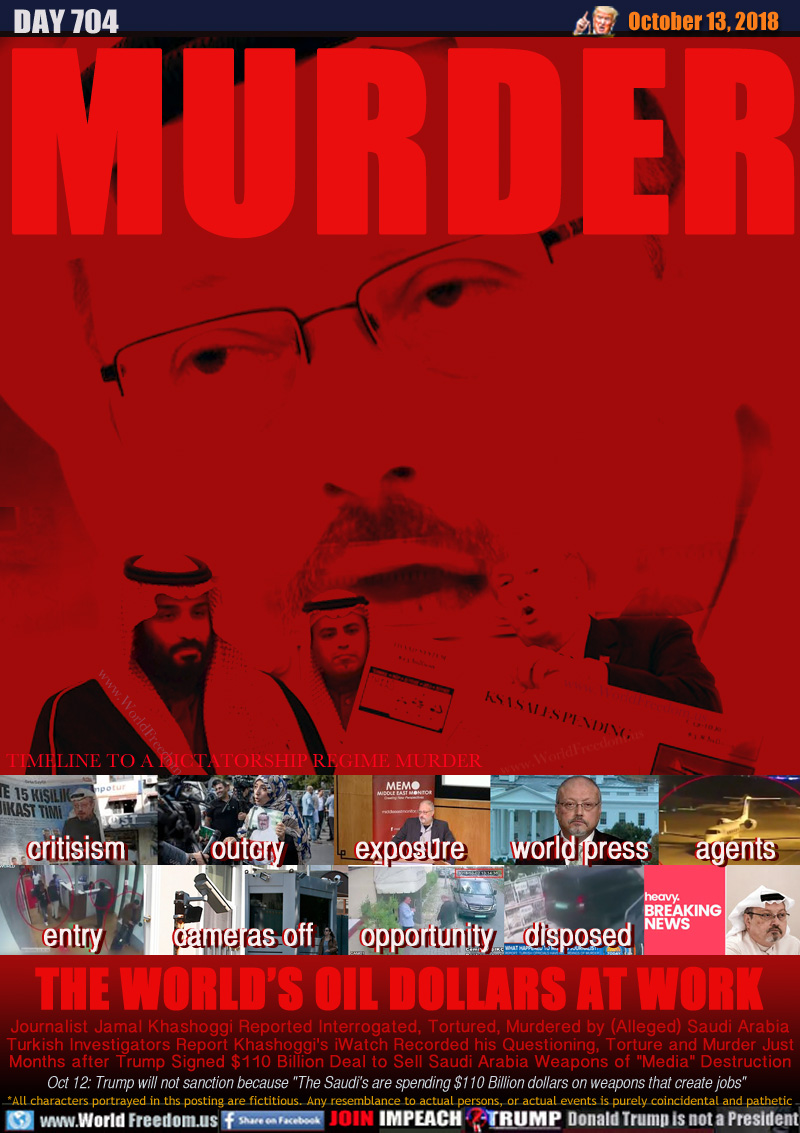 MURDER - THE WORLD’S OIL DOLLARS AT WORK

TIMELINE TO A DICTATORSHIP REGIME MURDER
criticism  outcry  exposure  world press   agents entry  cameras off   opportunity  disposed

Journalist Jamal Khashoggi Reported Interrogated, Tortured, Murdered by (Alleged) Saudi Arabia
Turkish Investigators Report Khashoggi's iWatch Recorded his Questioning, Torture and Murder Just
Months after Trump Signed $110 Billion Deal to Sell Saudi Arabia Weapons of 